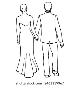 bride and groom holding hands walk together, view from the back. wedding outline illustration