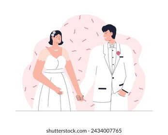 Bride and groom holding hands and walking from the altar, wedding vector illustration.