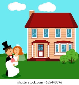 Bride and groom.  House. A postcard with newlyweds on the background of the house. Cartoon. Vector illustration.