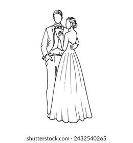 bride and groom hugging in full length. hand-drawn sketch of a man in a suit and a woman in a bustier dress whom he is hugging