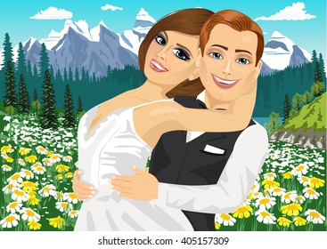 bride and groom hugging on field of daisy flowers near mountain lake in Alps