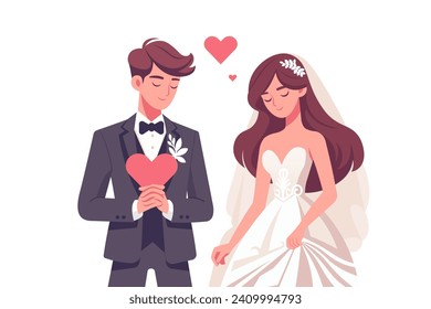 bride and groom or husband and wife in wedding attire, concept of couple married for Valentine, Love Day, or celebration of love,vector lover illustrations.