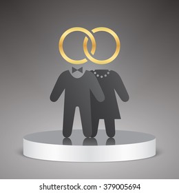 Bride and groom icon. Just married couple united with wedding rings and clothed with elegant black dresses.