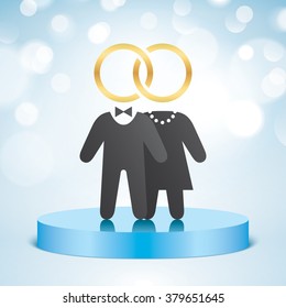 Bride and groom icon. Just married couple united with wedding rings and clothed with elegant black dresses.