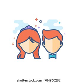 Bride and groom icon in outlined flat color style. Vector illustration.