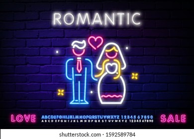 bride and groom icons in neon style. a couple of lovers at a wedding. romantic neon logo, label, emblem. Happy Valentine's Day. Neon sign, bright signboard, light banner.