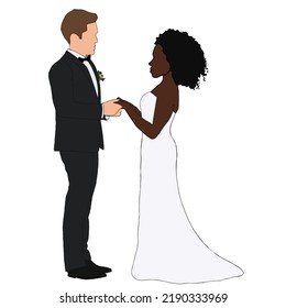 Novia y novio esposo interracial y esposa caricatura vectorial simple sosteniendo la mano traje negro vestido de novia blanco en la ceremonia celebración luna de miel tradicional pareja joven romántica amor