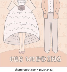 Bride and groom invitation cartoon picture hand drawn in vector 