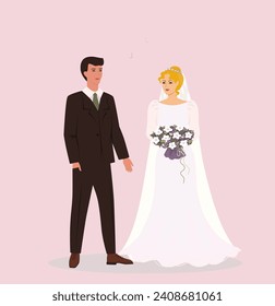 Bride and groom isolated. Couple in love. Wedding dress and suit. Fashion design. Newlyweds. Married husband and wife. Invitation. Flat vector illustration.