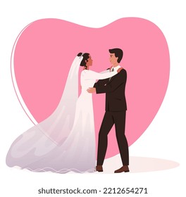 Bride and groom isolated. Newlyweds dancing. Wedding dance, waltz. Heart. Marriage ceremony. Invitation, postcard. Banner. Flat vector illustration.