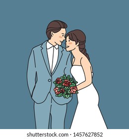 Bride and groom isolated on blue background : Vector Illustration