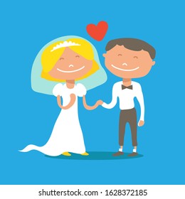 Bride and groom  isolated on blue background. Wedding vector illustration. Flat design elements for greeting card, sticker, leaflet, booklet.
