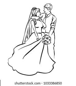 Bride and groom. Joyful wedding illustration.
