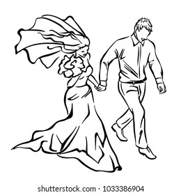 Bride and groom. Joyful wedding illustration.