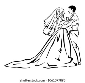 Bride and groom. Joyful wedding illustration. 