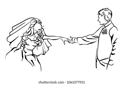 Bride and groom. Joyful wedding illustration. 