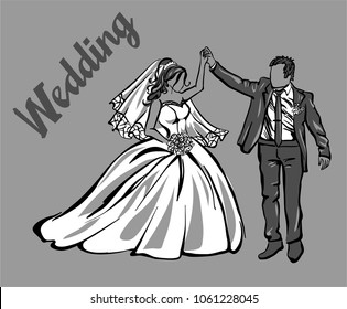 Bride and groom. Joyful wedding illustration. 
