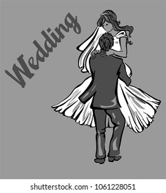 Bride and groom. Joyful wedding illustration. 