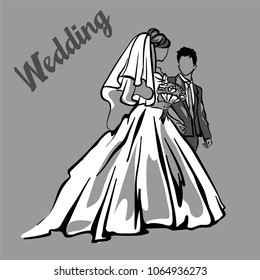 Bride and groom. Joyful wedding illustration. 