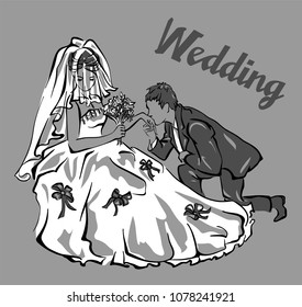 Bride and groom. Joyful wedding illustration. 