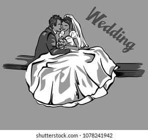 Bride and groom. Joyful wedding illustration. 