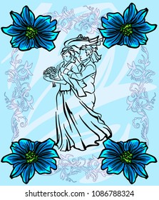 Bride and groom. Joyful wedding illustration. 