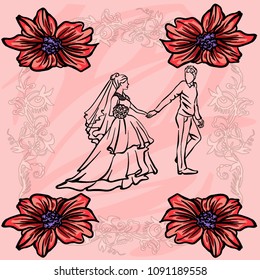 Bride and groom. Joyful wedding illustration. 