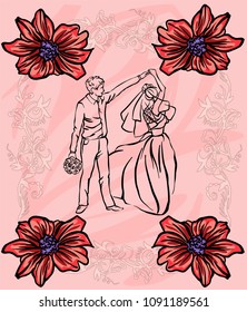 Bride and groom. Joyful wedding illustration. 