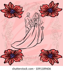 Bride and groom. Joyful wedding illustration. 