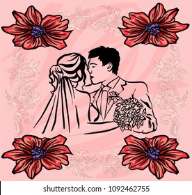 Bride and groom. Joyful wedding vector illustration. 