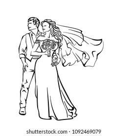 Bride and groom. Joyful wedding vector illustration. 