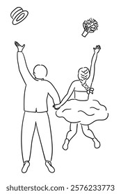 The bride and groom are joyfully jumping together with a wedding bouquet and the groom's hat, bride and groom 