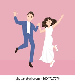 the bride and groom jump together. wedding invitation