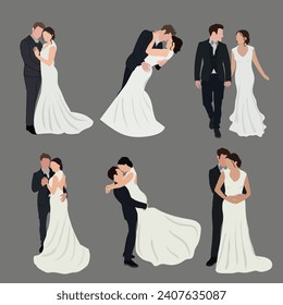 Bride and Groom just married couple, wedding ceremony vector illustration set. Bride and groom, couple different poses.