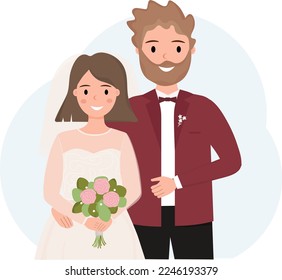 Bride and groom. Just married. Wedding. Happy loving couple. Vector illistration.