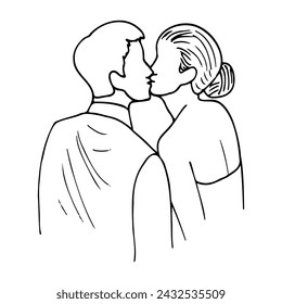 bride and groom kiss, angle from the back. hand drawn man and woman kiss