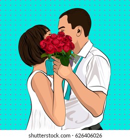 Bride and groom kiss. In Love Couple. Wedding card with the newlyweds. Pop Art Vector Illustration.