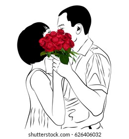 Bride and groom kiss. In Love Couple. Wedding card with the newlyweds. Contour Vector Illustration.