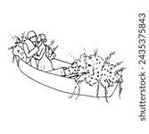 bride and groom kiss while sitting in a boat decorated with flowers. hand drawn illustration honeymoon boat trip