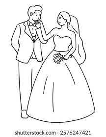 Bride and groom, groom is kissing the bride's hand affectionately vector