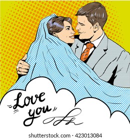 Bride and groom kissing each other. Vector illustration in pop art retro style. Love and relationships.