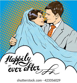 Bride and groom kissing each other. Vector illustration in pop art retro style. Love and relationships.  Happily ever and after.