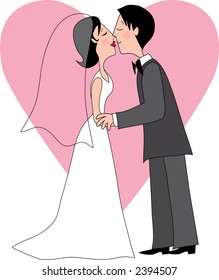 A Bride and Groom Kissing with a heart in the background