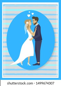 Bride and groom kissing, people on celebration of their wedding day. Man and woman in love, bridal dress and veil, hearts and decor. Vector illustration in flat cartoon style