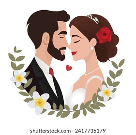 bride and groom kissing in wedding vector illustration