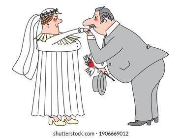 Bride and groom, lady and man, humorous vector illustration
