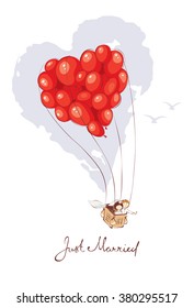 Bride and groom are leaving on a journey in a balloon.