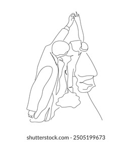 Bride and groom Line Art. Back view. Wedding silhouette figures of newlyweds. Heart Shape. Vector illustration. Ceremony wedding day. Romantic elegance concept 