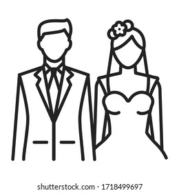 Bride and groom line black icon. Wedding ceremony. Isolated vector element. Outline pictogram for web page, mobile app, promo.