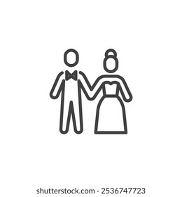 Bride and Groom line icon. linear style sign for mobile concept and web design. A couple dressed in wedding attire outline vector icon. Symbol, logo illustration. Vector graphics